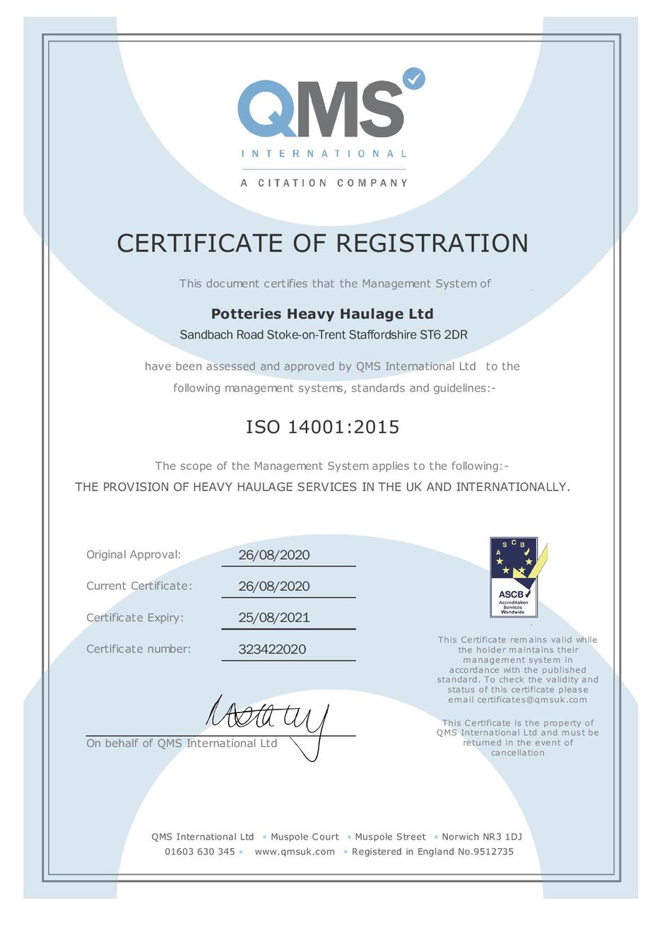 ISO 14001 Certificate for Heavy Haulage Services